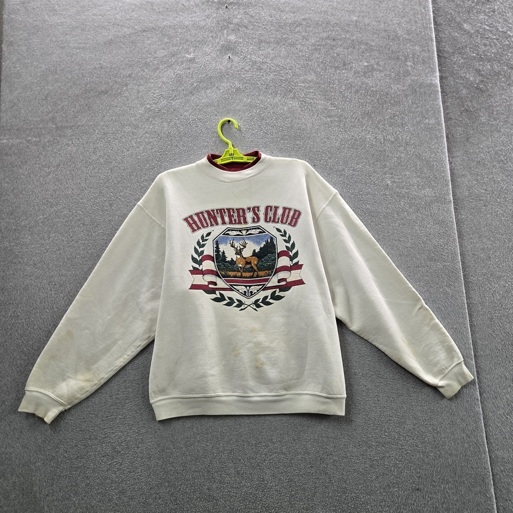 VINTAGE Hunter's Club Men Sweatshirt XL 90s USA White Graphic Fleece Deer READ